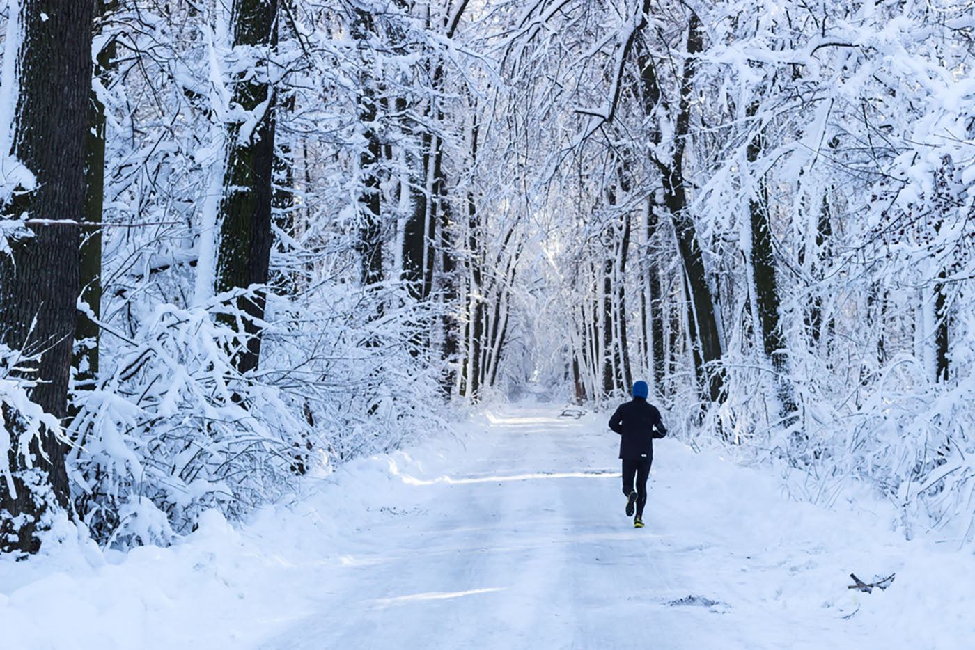 a person running through the snow in a forrest