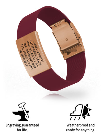 Wrist ID Elite Silicone Clasp 19mm Rose Gold ID Merlot - ROAD iD